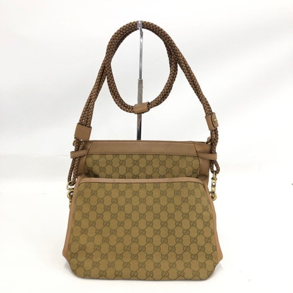 GUCCI Bella Shoulder Bag GG Canvas Woven Leather